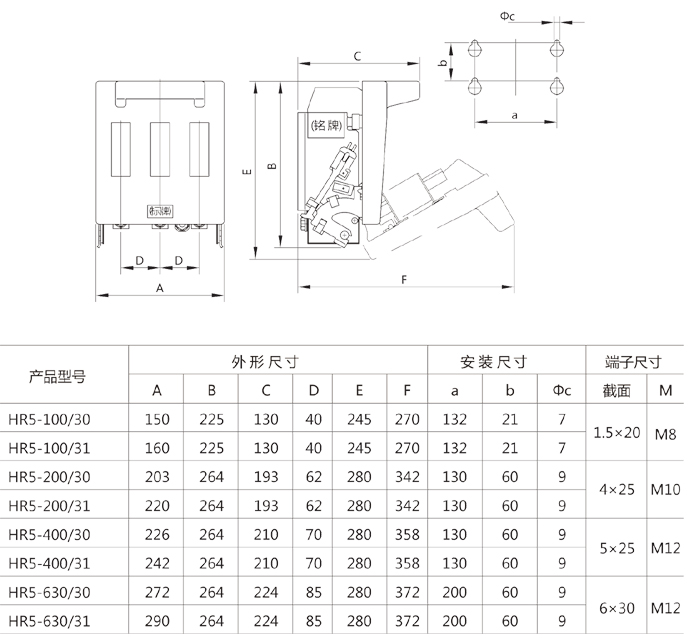 HR5-200.400.630熔断器式隔离开x术参数及(qing)外Ş寸